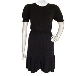 LOFT Dress, XS, Charcoal Gray Heathered Knit, Smocked Flounce, Short sleeves